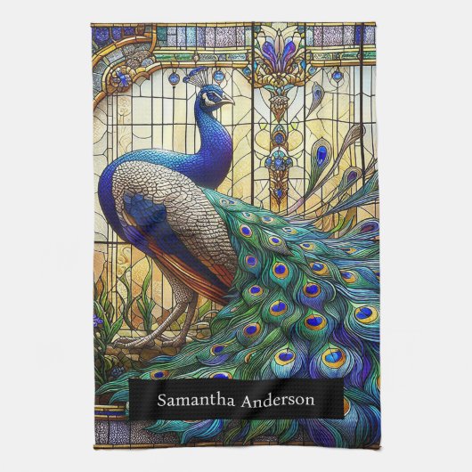 ラグジュアリーキッチン：ステンドグラス孔雀名前をカスタムする キッチンタオル (縦)