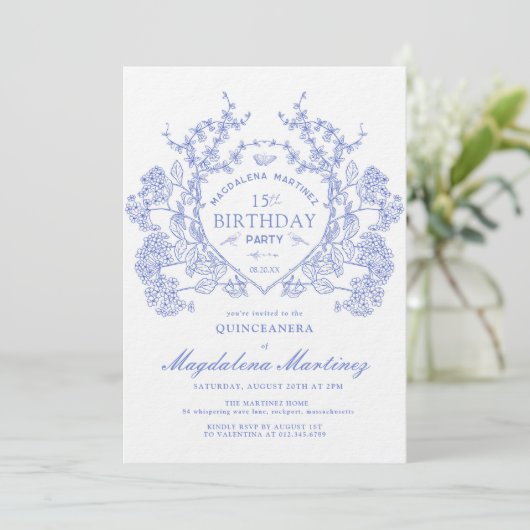 ラグジュアリーキンセアニェラヴィンテージブルーフローラクレスト 招待状 (スタンド正面)