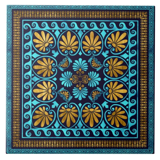 ラグジュアリーギリシャオーナメントブルーグラス&金ゴールド タイル (正面)