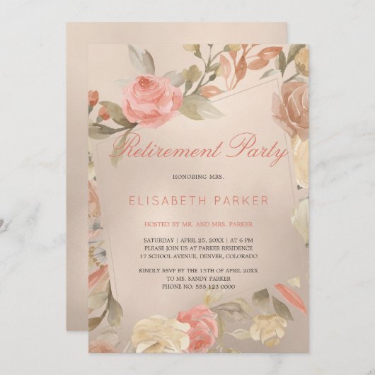 ラグジュアリーグラムコーラル金ゴールドフローラリタイアメントパーティー 招待状 (正面/裏面)