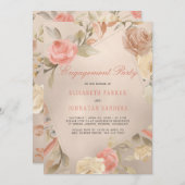 ラグジュアリーグラムコーラル金ゴールドフローラ婚約パーティ 招待状 (正面/裏面)