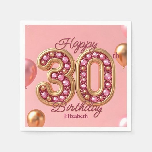 ラグジュアリーグラムピンク&金ゴールド宝石30th誕生日 スタンダードカクテルナプキン (正面)