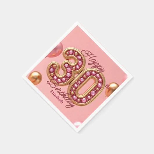 ラグジュアリーグラムピンク&金ゴールド宝石30th誕生日 スタンダードカクテルナプキン (角)