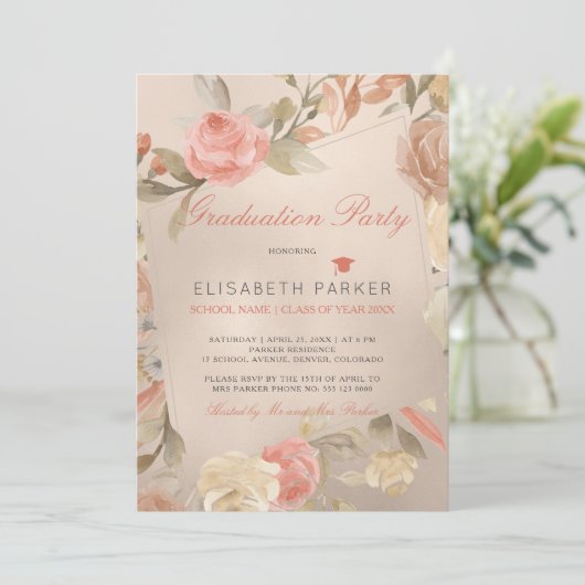 ラグジュアリーグラムピーチフローラ写真卒業パーティー 招待状 (スタンド正面)