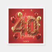 ラグジュアリーグラムレッド&金ゴールド40th誕生日お祝い スタンダードカクテルナプキン (正面)