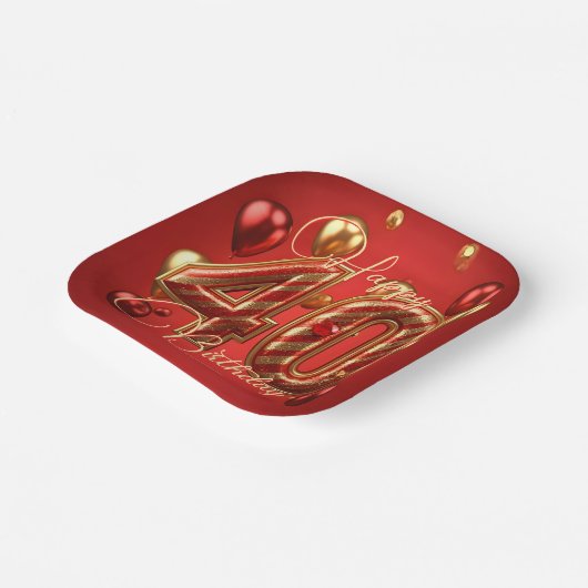 ラグジュアリーグラムレッド&金ゴールド40th誕生日お祝い ペーパープレート (傾斜あり)