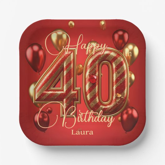 ラグジュアリーグラムレッド&金ゴールド40th誕生日お祝い ペーパープレート (正面)