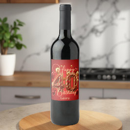 ラグジュアリーグラムレッド&金ゴールド40th誕生日お祝い ワインラベル