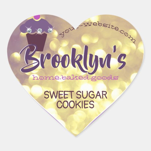 ラグジュアリーグラモールパープル金ゴールドグリッターカップケーキベーキング ハートシール (正面)