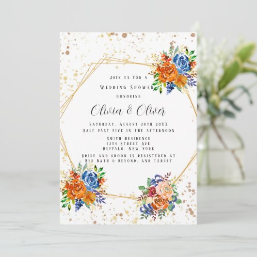 ラグジュアリーグリッターブルーオレンジフローラウェディングシャワー 招待状 (スタンド正面)