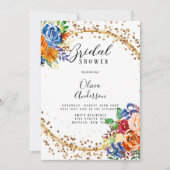 ラグジュアリーグリッターブルーオレンジフローラブライダルシャワー 招待状 (正面)