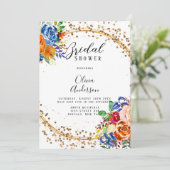 ラグジュアリーグリッターブルーオレンジフローラブライダルシャワー 招待状 (スタンド正面)