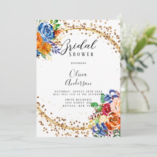 ラグジュアリーグリッターブルーオレンジフローラブライダルシャワー 招待状 (スタンド正面)