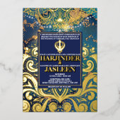 ラグジュアリーグリッターブルーシクアナンドカラジインディアン 箔招待状 (正面)