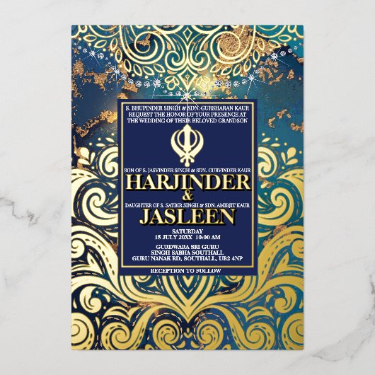 ラグジュアリーグリッターブルーシクアナンドカラジインディアン 箔招待状 (正面)