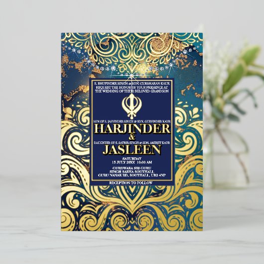 ラグジュアリーグリッターブルーシクアナンドカラジインディアン 箔招待状 (立ち正面)