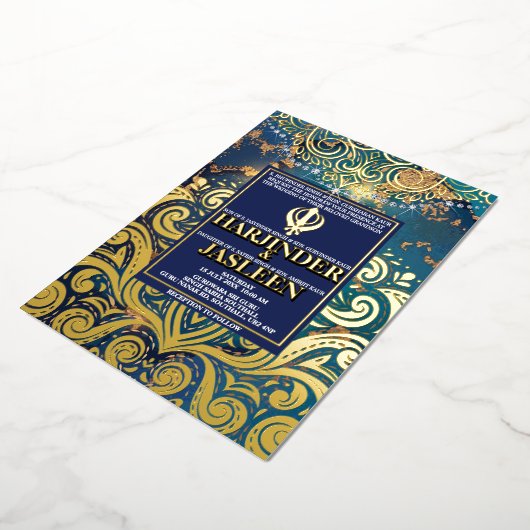 ラグジュアリーグリッターブルーシクアナンドカラジインディアン 箔招待状 (回転した状態)