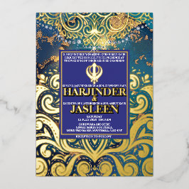 ラグジュアリーグリッターブルーシクアナンドカラジインディアン 箔招待状