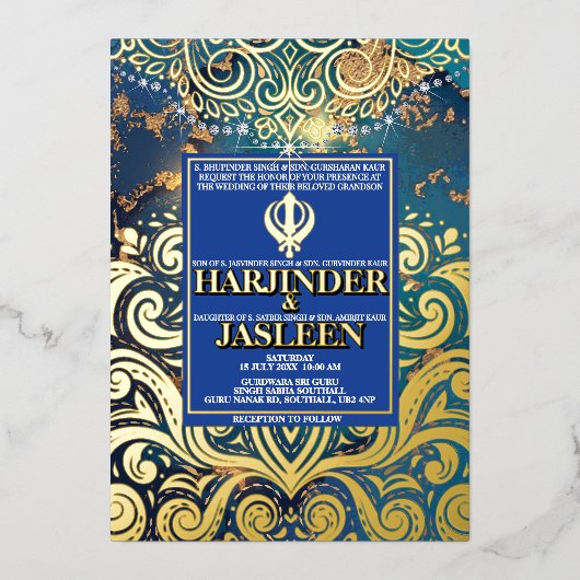 ラグジュアリーグリッターブルーシクアナンドカラジインディアン 箔招待状 (正面)