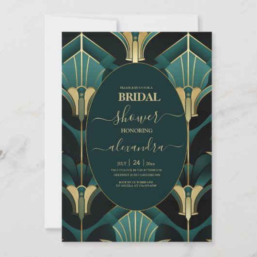 ラグジュアリーグリーンと金ゴールドアールデコブライダルシャワー 招待状 (正面)