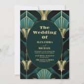 ラグジュアリーグリーンと金ゴールド結婚アールデコ 招待状 (正面)