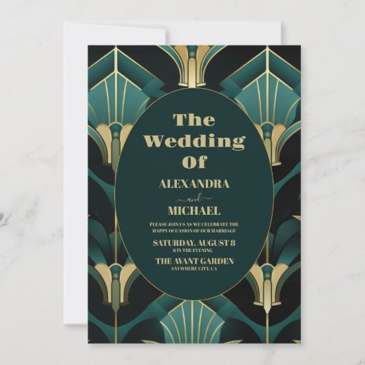 ラグジュアリーグリーンと金ゴールド結婚アールデコ 招待状 (正面)