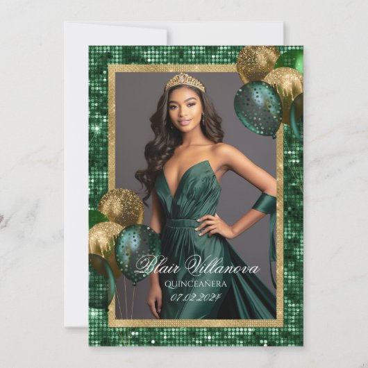ラグジュアリーグリーンと金ゴールド誕生日フォト招待状 招待状 (正面)