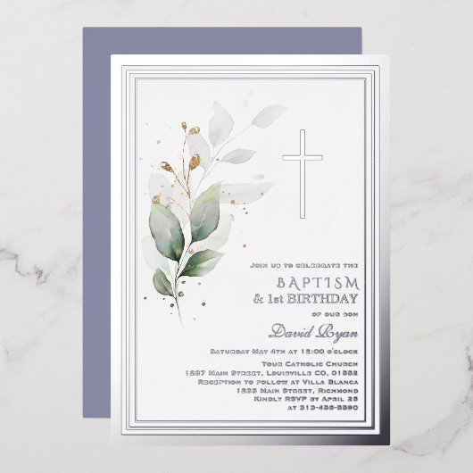 ラグジュアリーグリーンリーユーカリプタス1stバースデーバプテスマ 箔招待状 (正面/裏面)