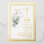 ラグジュアリーグリーンリーユーカリプトゥスファースト誕生日バプテスマ 箔招待状 (正面)