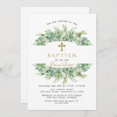 ラグジュアリーグリーンリー金ゴールドクロスバプテスマ 招待状 (正面/裏面)