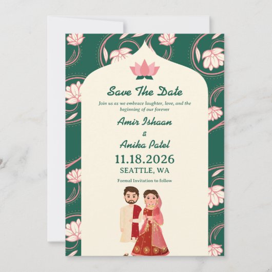 ラグジュアリーグリーンロータスランタンインディアン結婚ズ セーブザデート (正面)