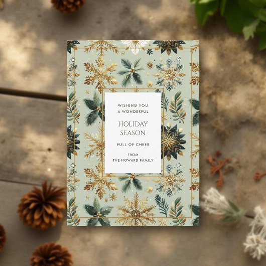 ラグジュアリーグリーン金ゴールドスノーフレッエレガントクホリデーカード