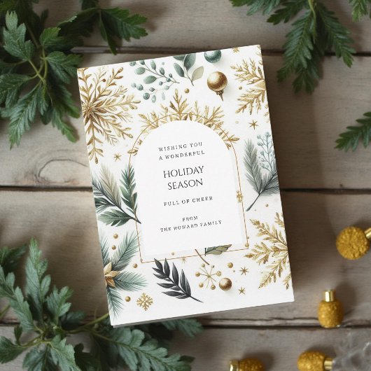 ラグジュアリーグリーン金ゴールドスノーフレッエレガントクホリデーカード