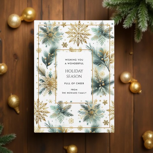 ラグジュアリーグリーン金ゴールドスノーフレッエレガントクホリデーカード