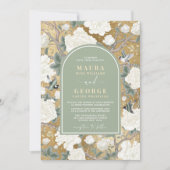 ラグジュアリーグリーン金ゴールドフローラバード結婚ズ 招待状 (正面)