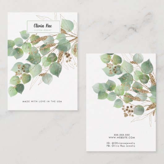 ラグジュアリーグリーン金ゴールドリーフジュエリーディスプレイカード 名刺 (正面/裏面)