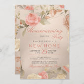 ラグジュアリーコーラルゴールドフォイルフローラ引っ越し祝いパーティーパーティー 招待状 (正面/裏面)