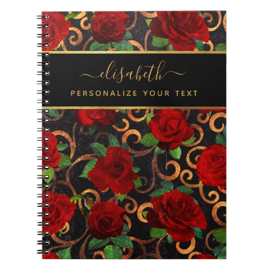 ラグジュアリーゴールデンエレガントフラワーズシッククラシーブラック ノートブック (正面)