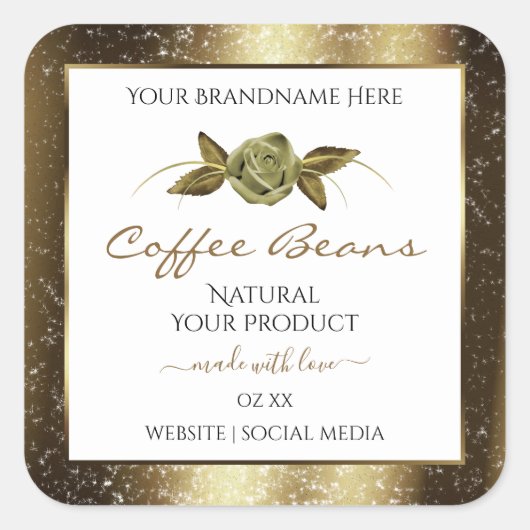 ラグジュアリーゴールデングリッターフローラホワイトプロダクトラベル スクエアシール (正面)