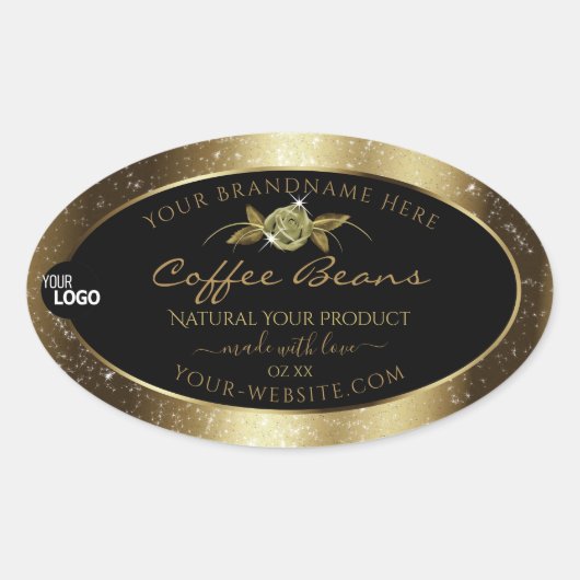 ラグジュアリーゴールデングリッターブラック製品ラベル追加ロゴ 楕円形シール (正面)