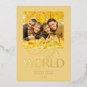 ラグジュアリーゴールデンジョイトゥザワールド引用文フォトファミリー 箔招待状 (正面)