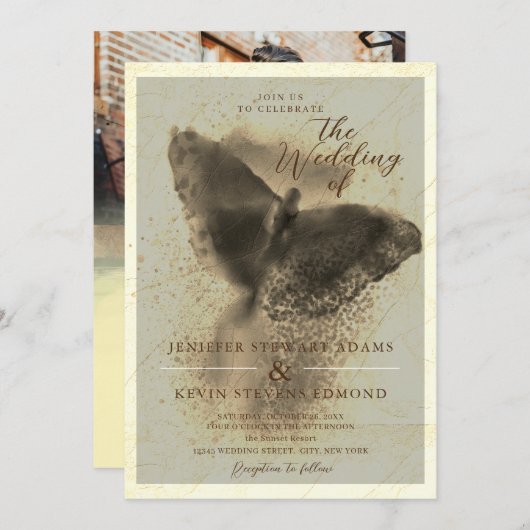 ラグジュアリーゴールデンバタフライフォトオーバーレイ結婚ズ 招待状 (正面/裏面)