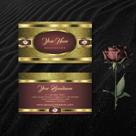 ラグジュアリーゴールデンパターンバーガンディフェイクダイヤモンド 名刺