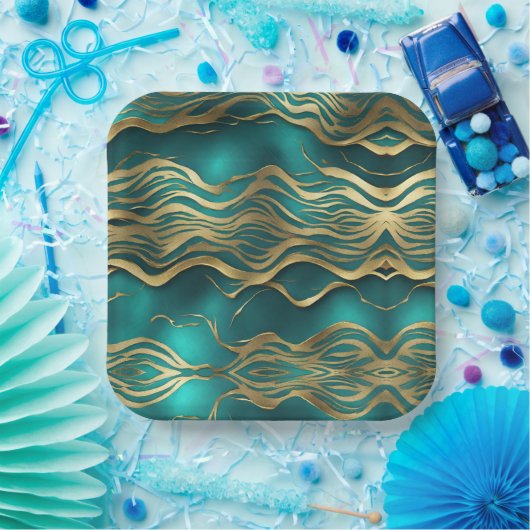 ラグジュアリーゴールデンベージュスワールターコイズティール(緑がかった色)ブルー ペーパープレート (パーティー)