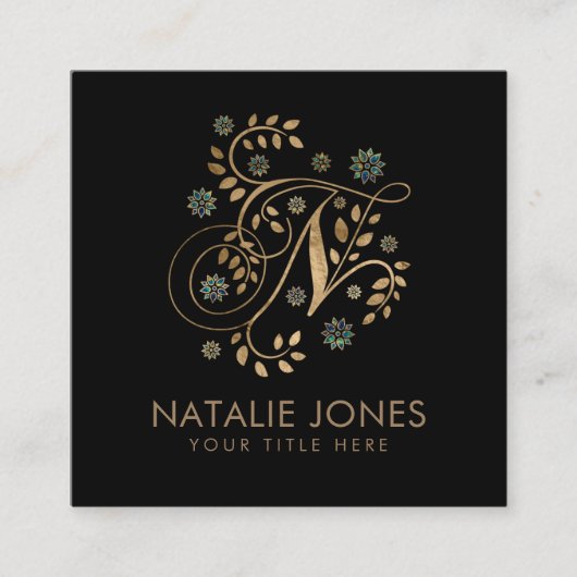ラグジュアリーゴールデン書道モノグラムN字付き スクエア名刺 (正面)