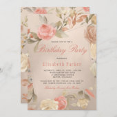 ラグジュアリーゴールドフォイルコーラルピーチフローラバースデーパーティー 招待状 (正面/裏面)