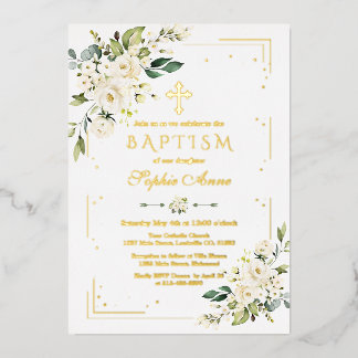 ラグジュアリーゴールドフォイルホワイトフラワーガールバプテスマ 箔招待状
