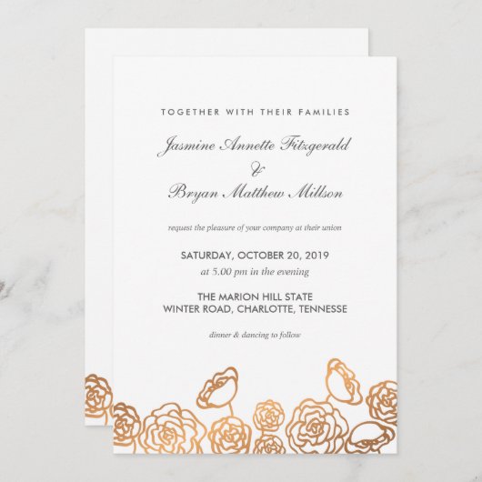 ラグジュアリーゴールドフォイルモダンフローラ結婚ズ 招待状 (正面/裏面)