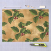 ラグジュアリーゴールドフォイル、グリーンホリー、レッドベリー 薄葉紙 (クラフト)