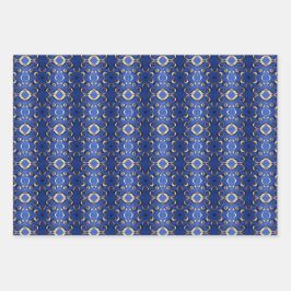 ラグジュアリーサファイアブルーパターン（の模様が）ある金ゴールド ラッピングペーパーシート